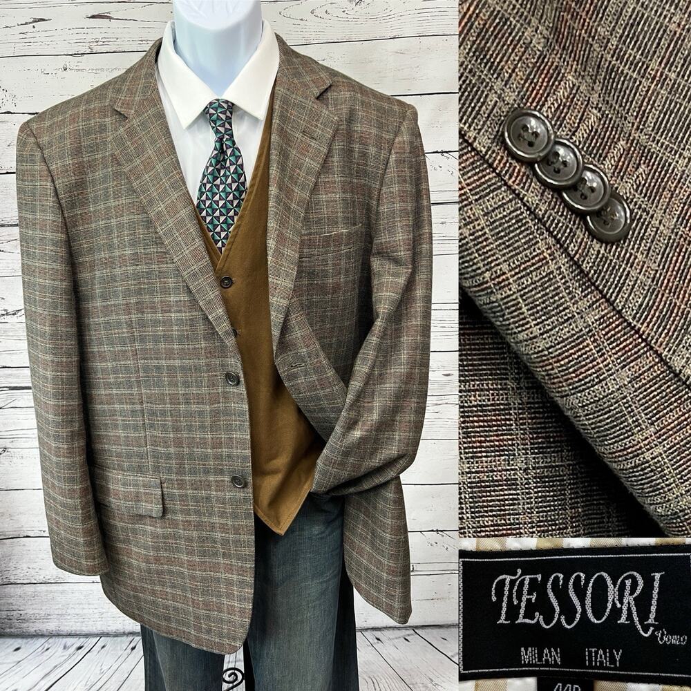 Tessori Super 150’s Sport Coat Men’s 44R Brown Plaid Jacket Blazer Wool Italy